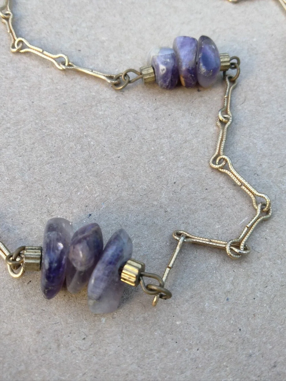 Vintage Gold Color Chain Necklace with Purple Amethyst Bead Accents